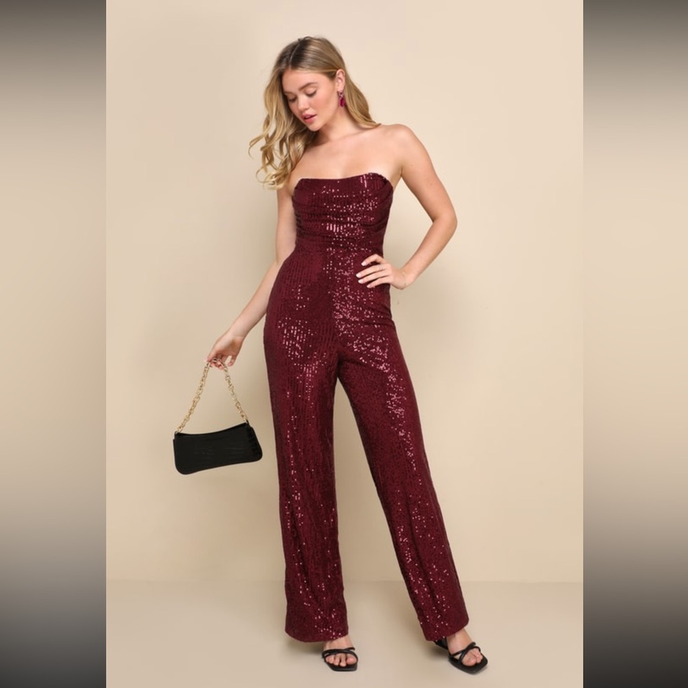 Lulus Wine Red Sequin Strapless Jumpsuit